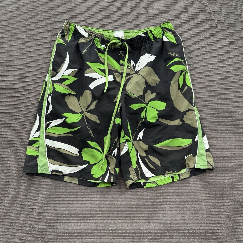 Vintage Nike Swim Trunks Men Large Green Floral Print Lined Beach Weekend.